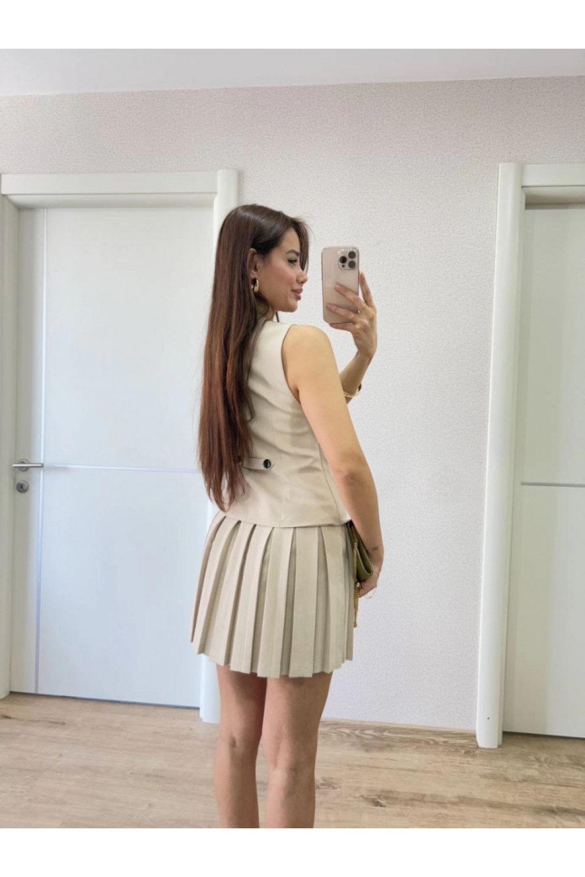 Kadın Keten Takım Görünümlü Düğme Detaylı Yelekli Mini Elbise - Bej