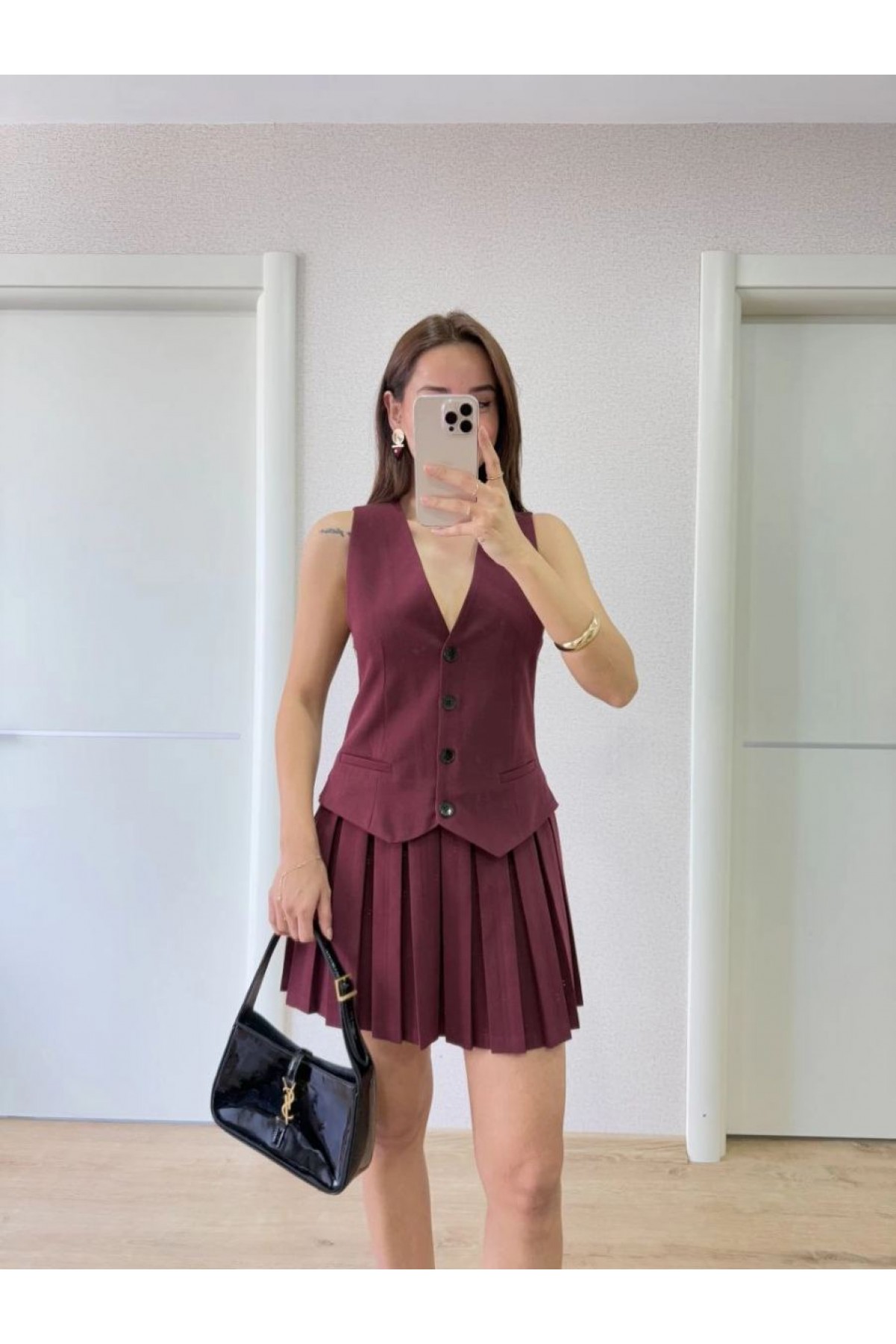 Keten Takım Görünümlü Düğme Detaylı Yelekli Mini Elbise - Bordo