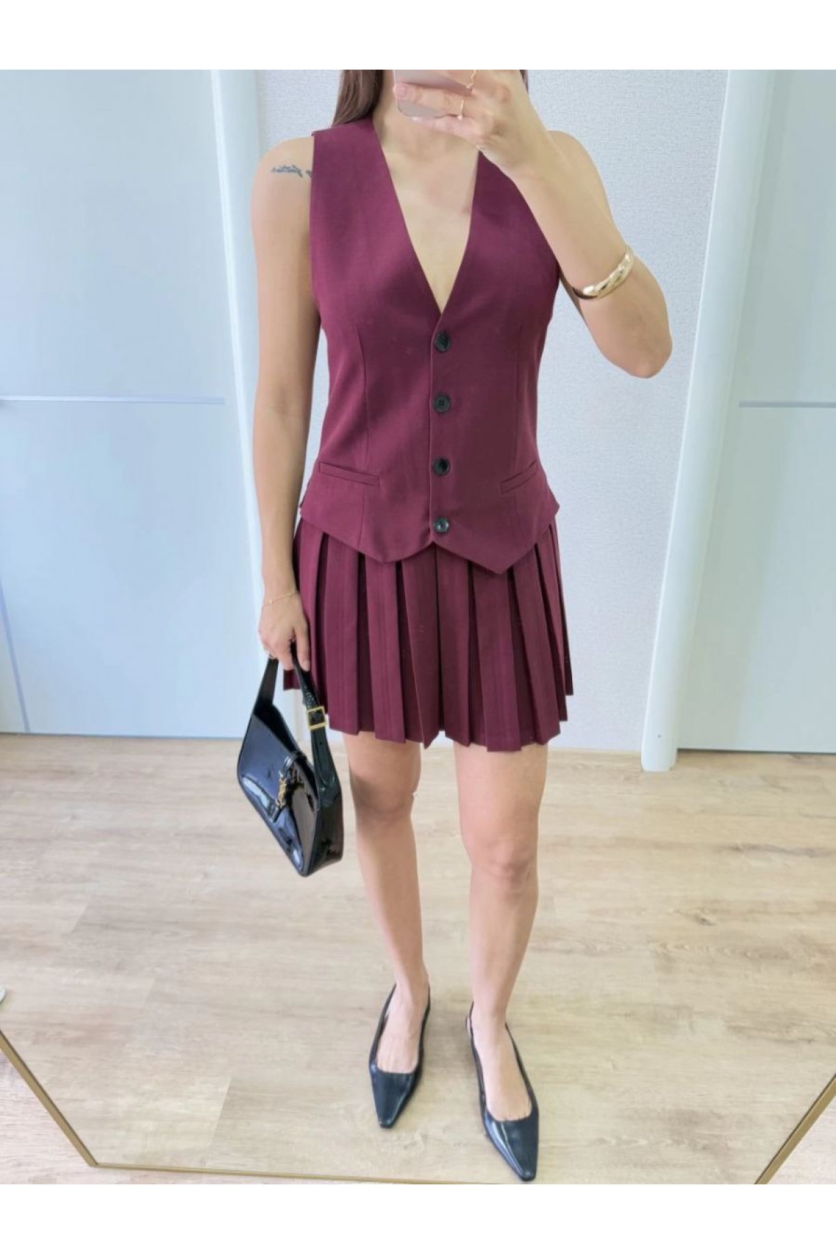 Keten Takım Görünümlü Düğme Detaylı Yelekli Mini Elbise - Bordo