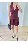 Keten Takım Görünümlü Düğme Detaylı Yelekli Mini Elbise - Bordo