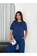 Kadın Osy Modal Yumuşak Dokulu Kumaş Bisiklet Yaka T-shirt Pantolon ikili Takım -Saks Mavisi