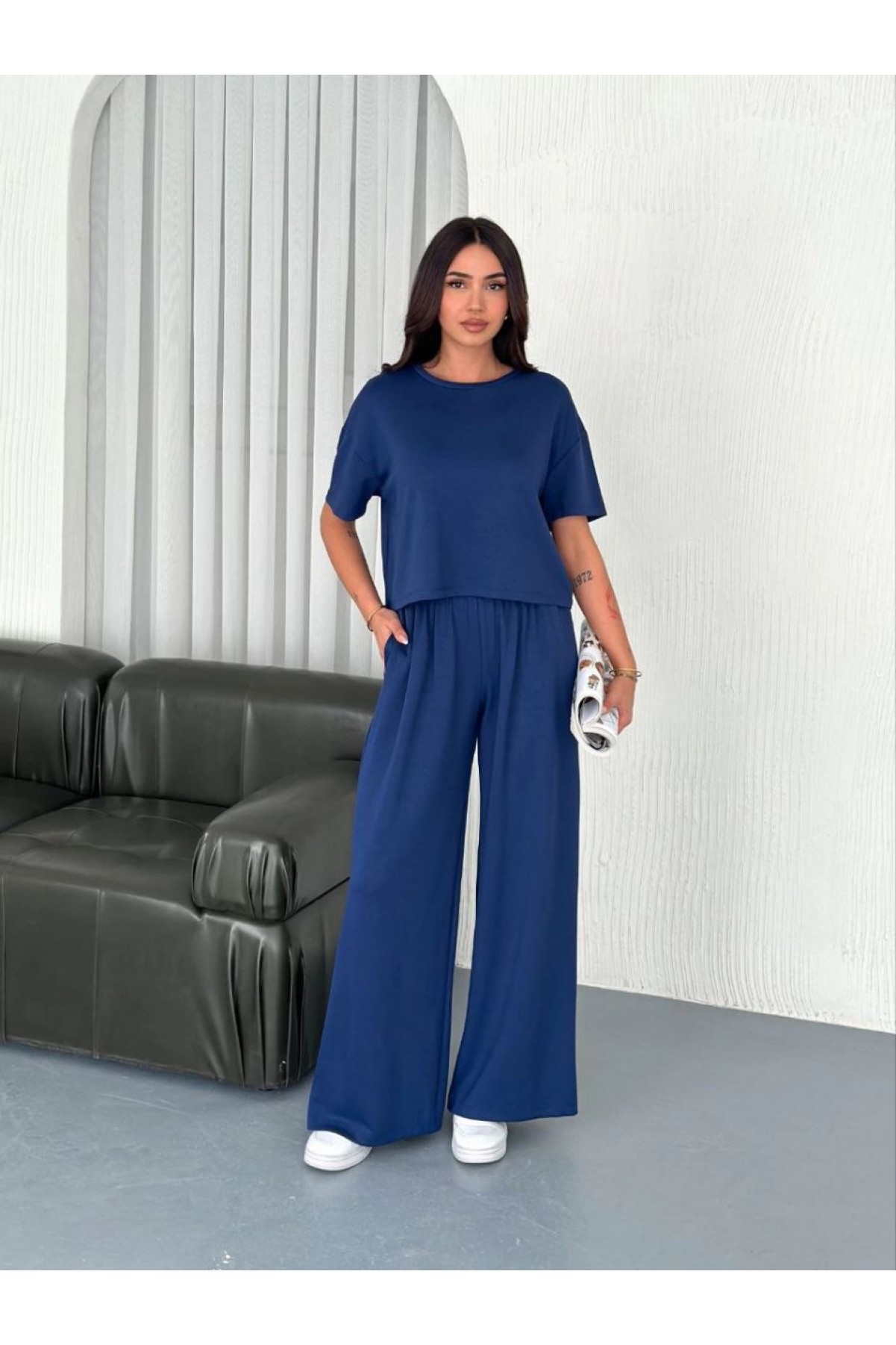 Kadın Osy Modal Yumuşak Dokulu Kumaş Bisiklet Yaka T-shirt Pantolon ikili Takım -Saks Mavisi