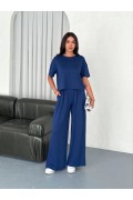 Kadın Osy Modal Yumuşak Dokulu Kumaş Bisiklet Yaka T-shirt Pantolon ikili Takım -Saks Mavisi