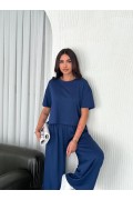 Kadın Osy Modal Yumuşak Dokulu Kumaş Bisiklet Yaka T-shirt Pantolon ikili Takım -Saks Mavisi