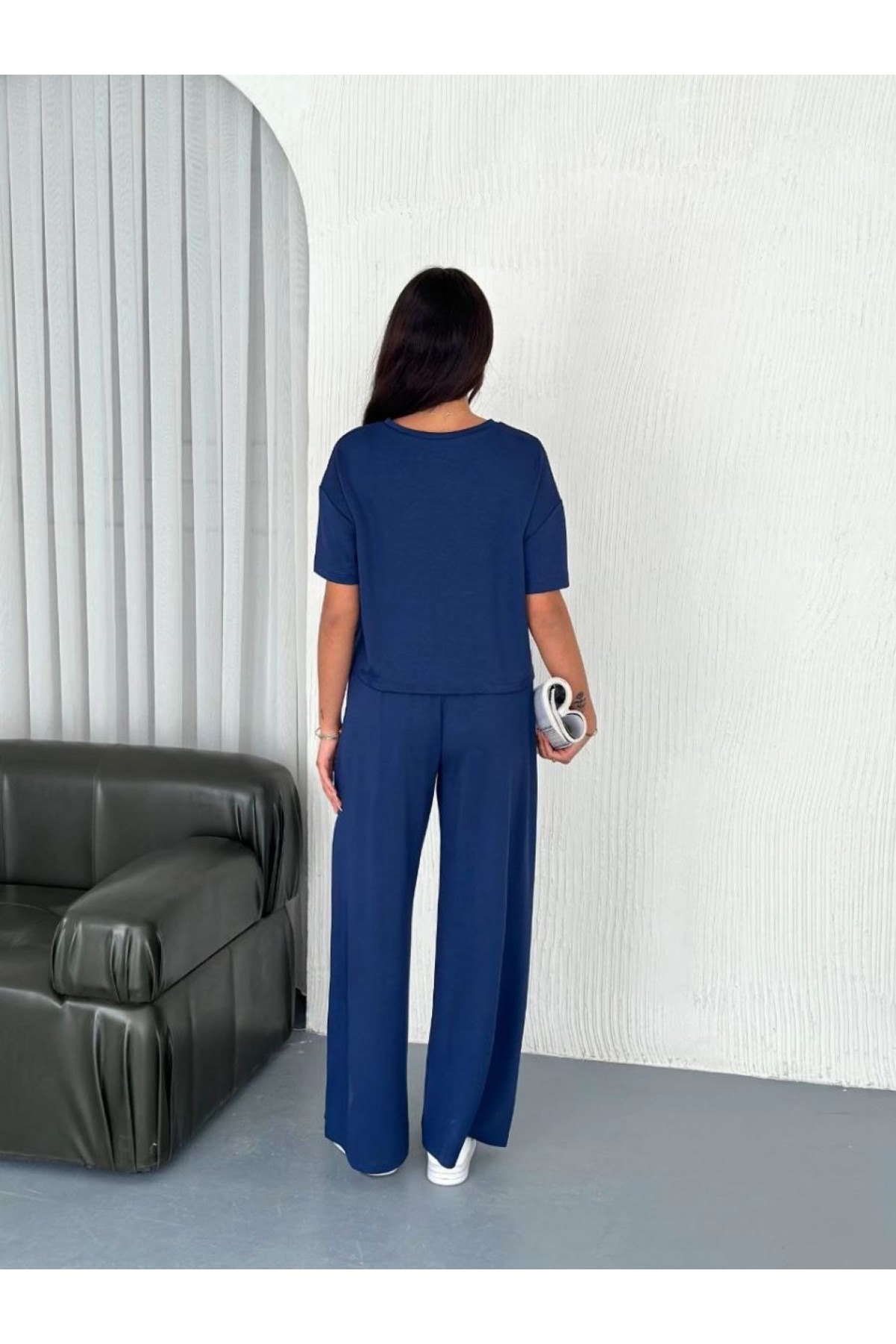 Kadın Osy Modal Yumuşak Dokulu Kumaş Bisiklet Yaka T-shirt Pantolon ikili Takım -Saks Mavisi