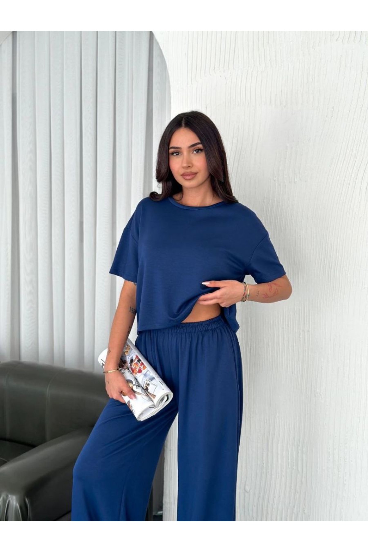 Kadın Osy Modal Yumuşak Dokulu Kumaş Bisiklet Yaka T-shirt Pantolon ikili Takım -Saks Mavisi