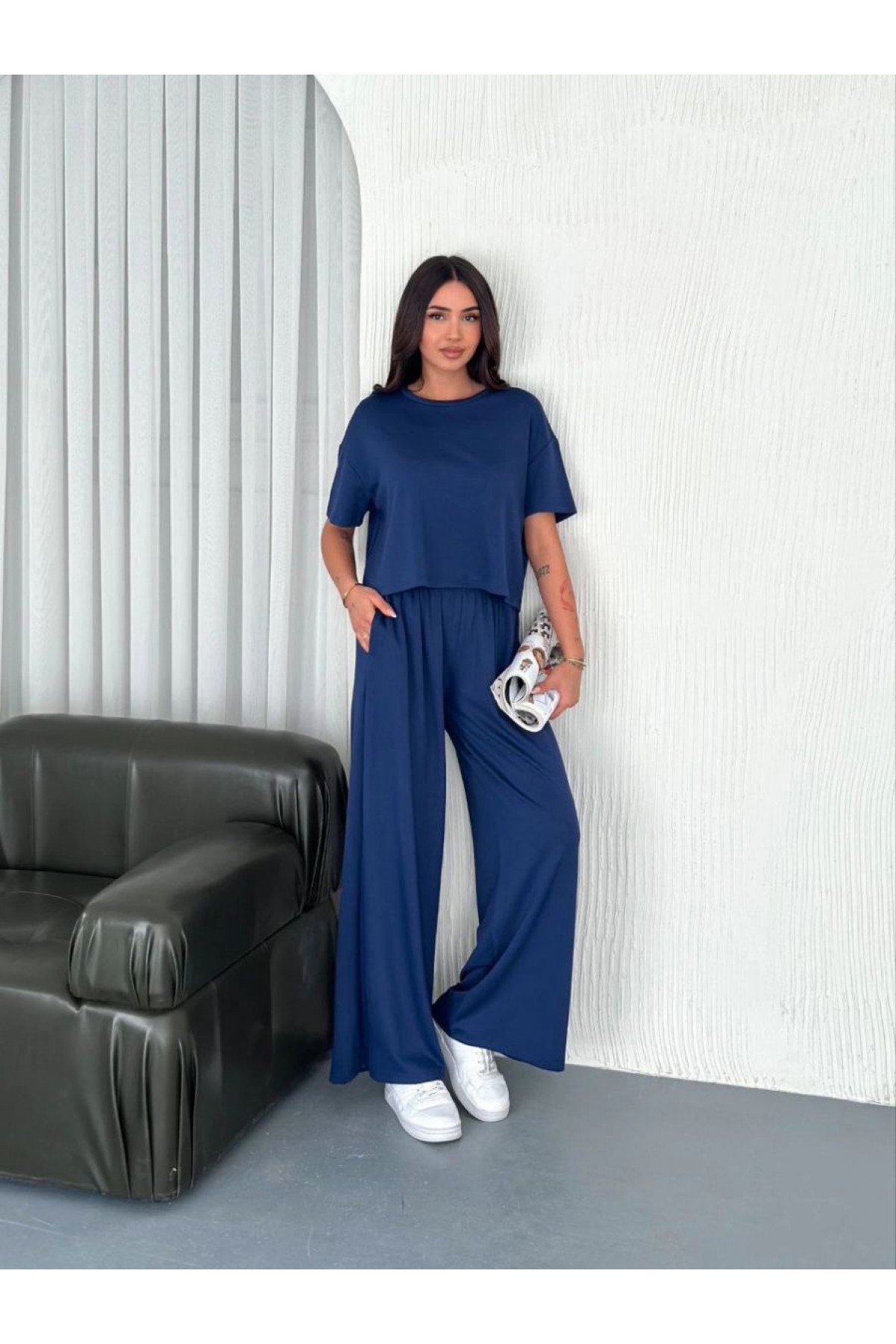 Kadın Osy Modal Yumuşak Dokulu Kumaş Bisiklet Yaka T-shirt Pantolon ikili Takım -Saks Mavisi