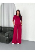 Kadın Osy Modal Yumuşak Dokulu Kumaş Bisiklet Yaka T-shirt Bol paça Pantolon ikili Takım -Bordo
