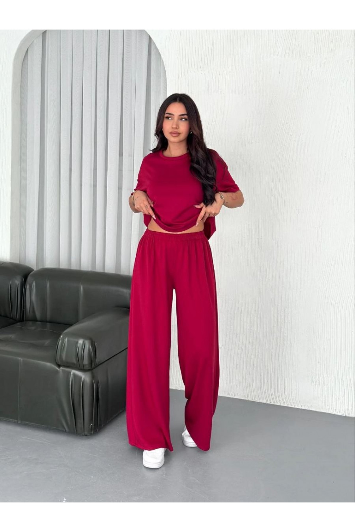 Kadın Osy Modal Yumuşak Dokulu Kumaş Bisiklet Yaka T-shirt Bol paça Pantolon ikili Takım -Bordo