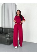 Kadın Osy Modal Yumuşak Dokulu Kumaş Bisiklet Yaka T-shirt Bol paça Pantolon ikili Takım -Bordo
