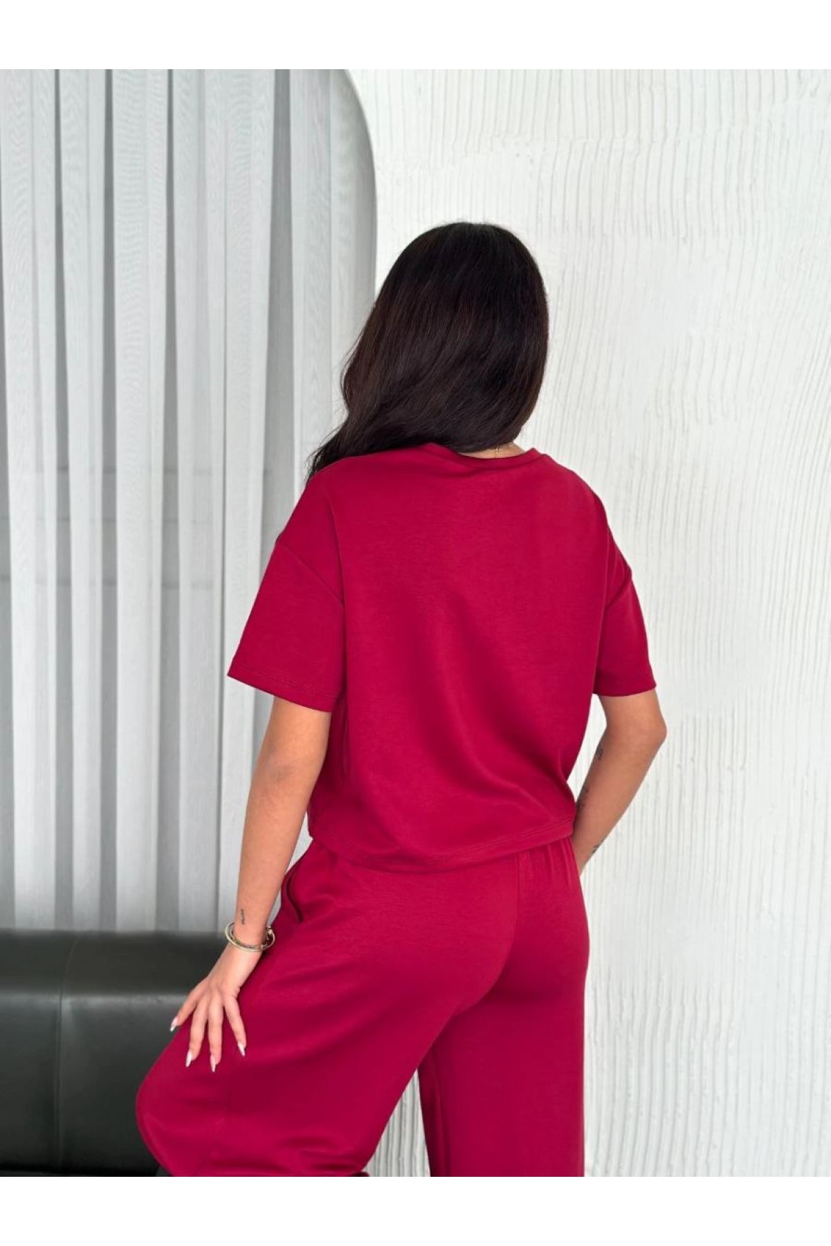 Kadın Osy Modal Yumuşak Dokulu Kumaş Bisiklet Yaka T-shirt Bol paça Pantolon ikili Takım -Bordo
