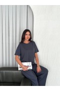 Kadın Osy Modal Yumuşak Dokulu Kumaş Bisiklet Yaka T-shirt Bol paça Pantalon ikili Takım -Antrasit
