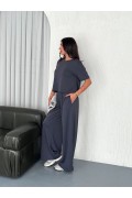 Kadın Osy Modal Yumuşak Dokulu Kumaş Bisiklet Yaka T-shirt Bol paça Pantalon ikili Takım -Antrasit