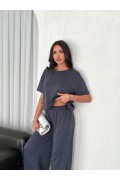 Kadın Osy Modal Yumuşak Dokulu Kumaş Bisiklet Yaka T-shirt Bol paça Pantalon ikili Takım -Antrasit