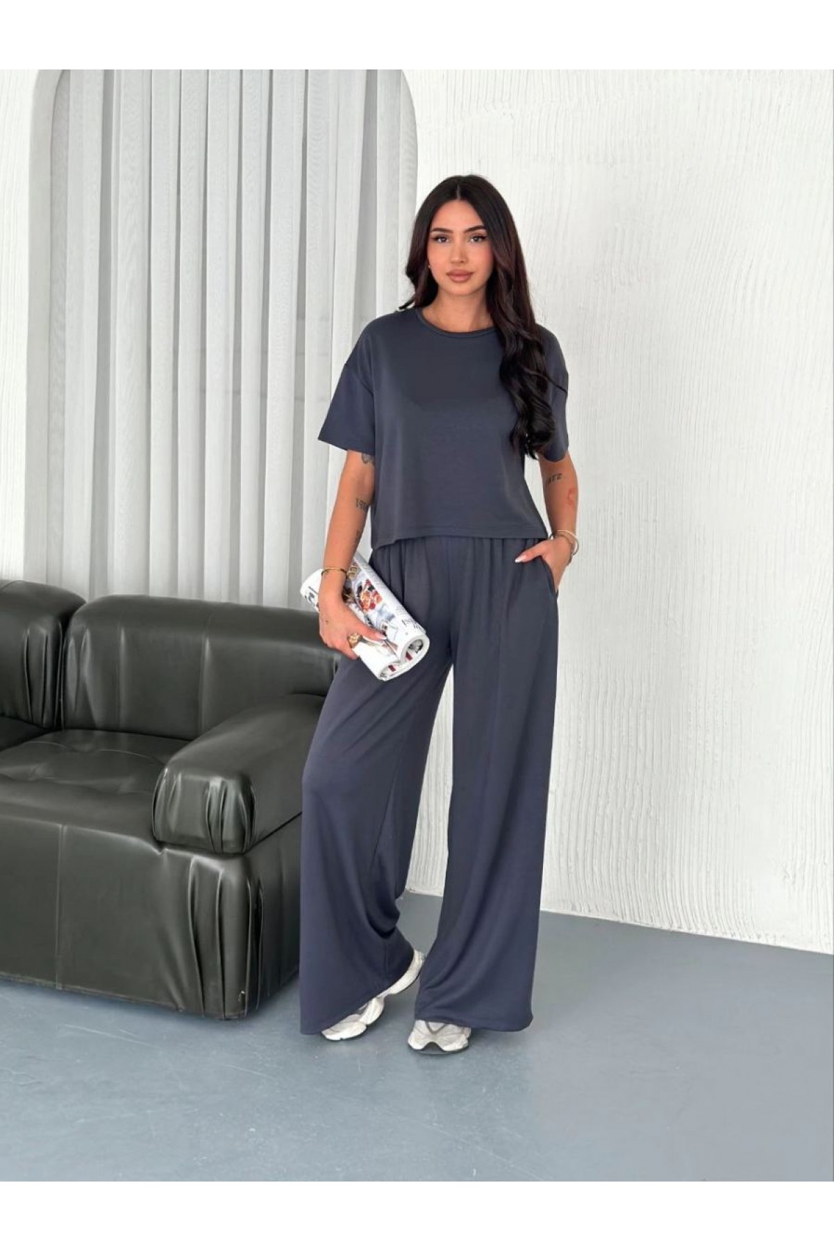 Kadın Osy Modal Yumuşak Dokulu Kumaş Bisiklet Yaka T-shirt Bol paça Pantalon ikili Takım -Antrasit