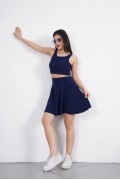 Sendy Kumaş Bisiklet Yaka Crop Şortlu Etek ikili Takım - Lacivert