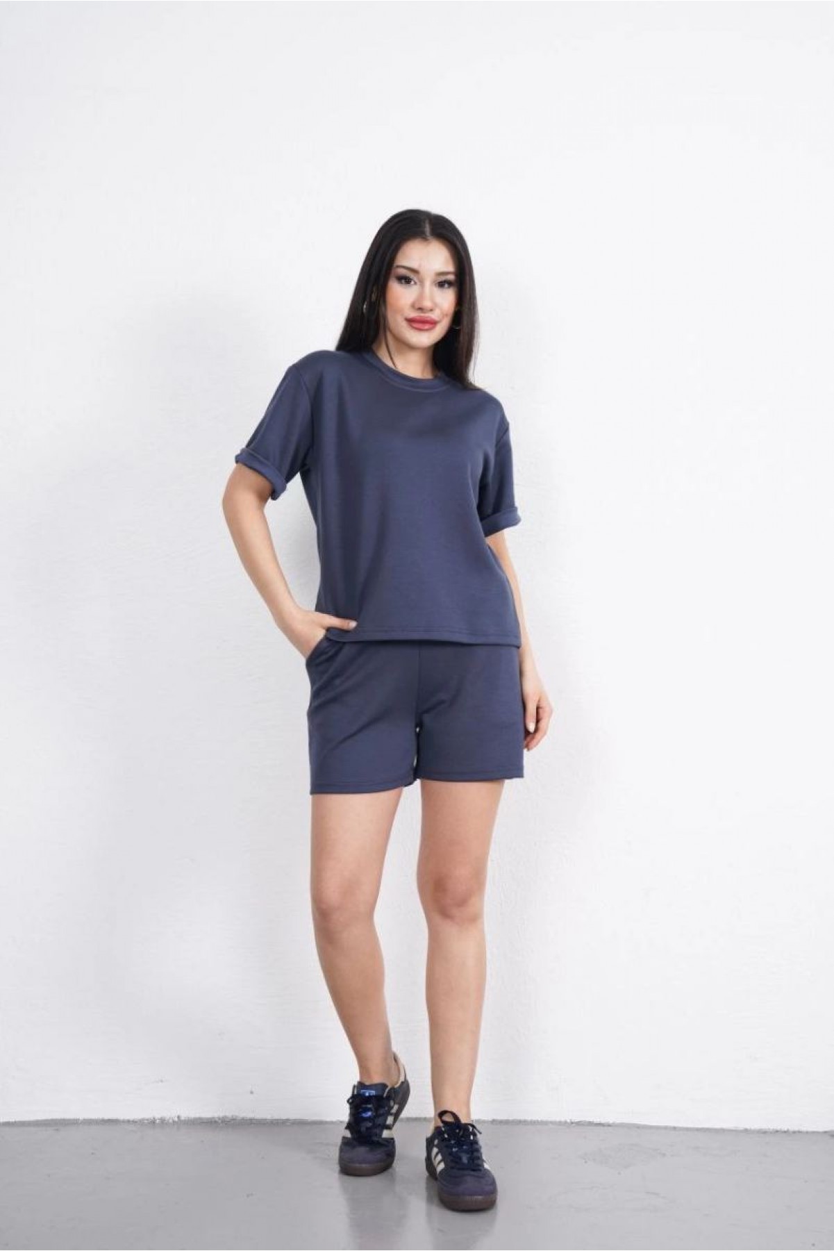Osy Modal yumuşak dokulu Kumaş Kadın Bisiklet Yaka T-shirt Kısa Şort İkili Takım - Antrasit