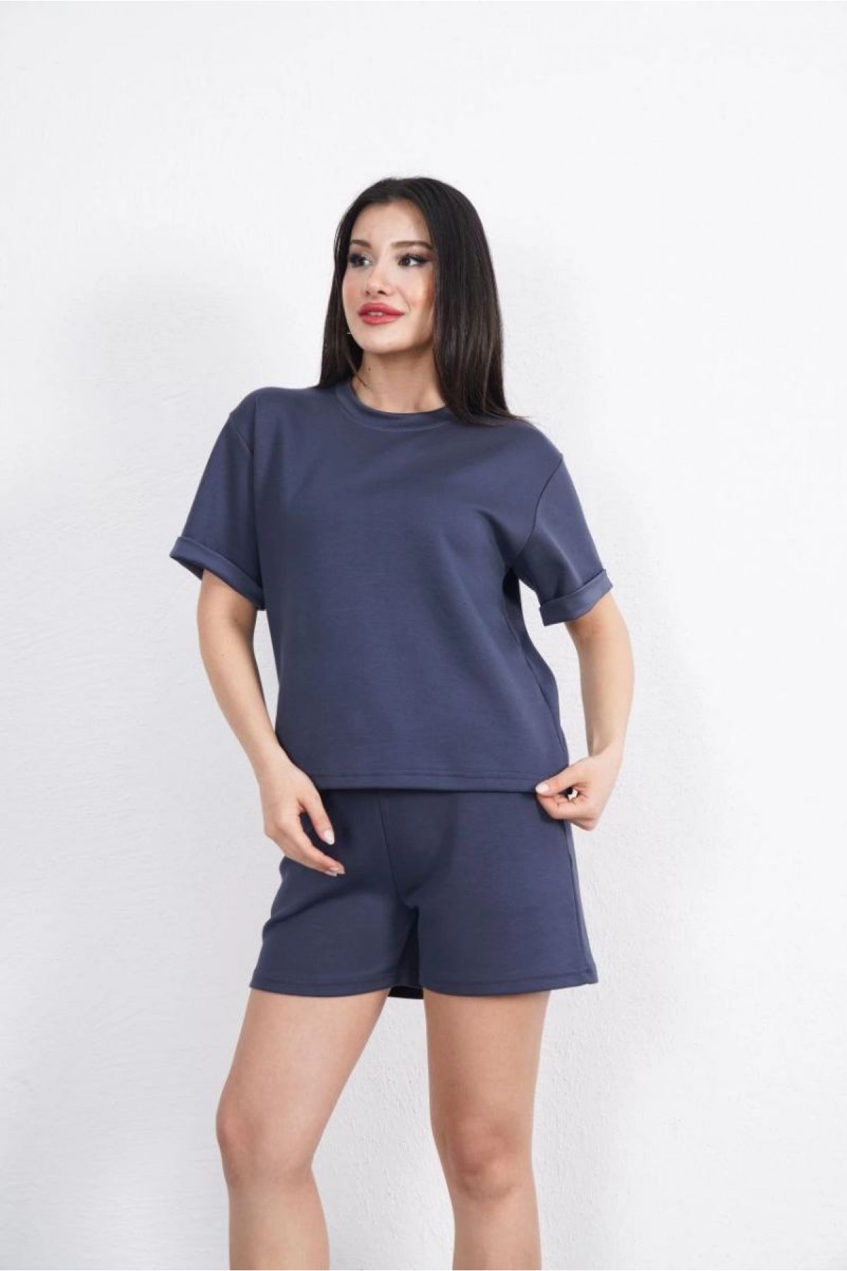 Osy Modal yumuşak dokulu Kumaş Kadın Bisiklet Yaka T-shirt Kısa Şort İkili Takım - Antrasit