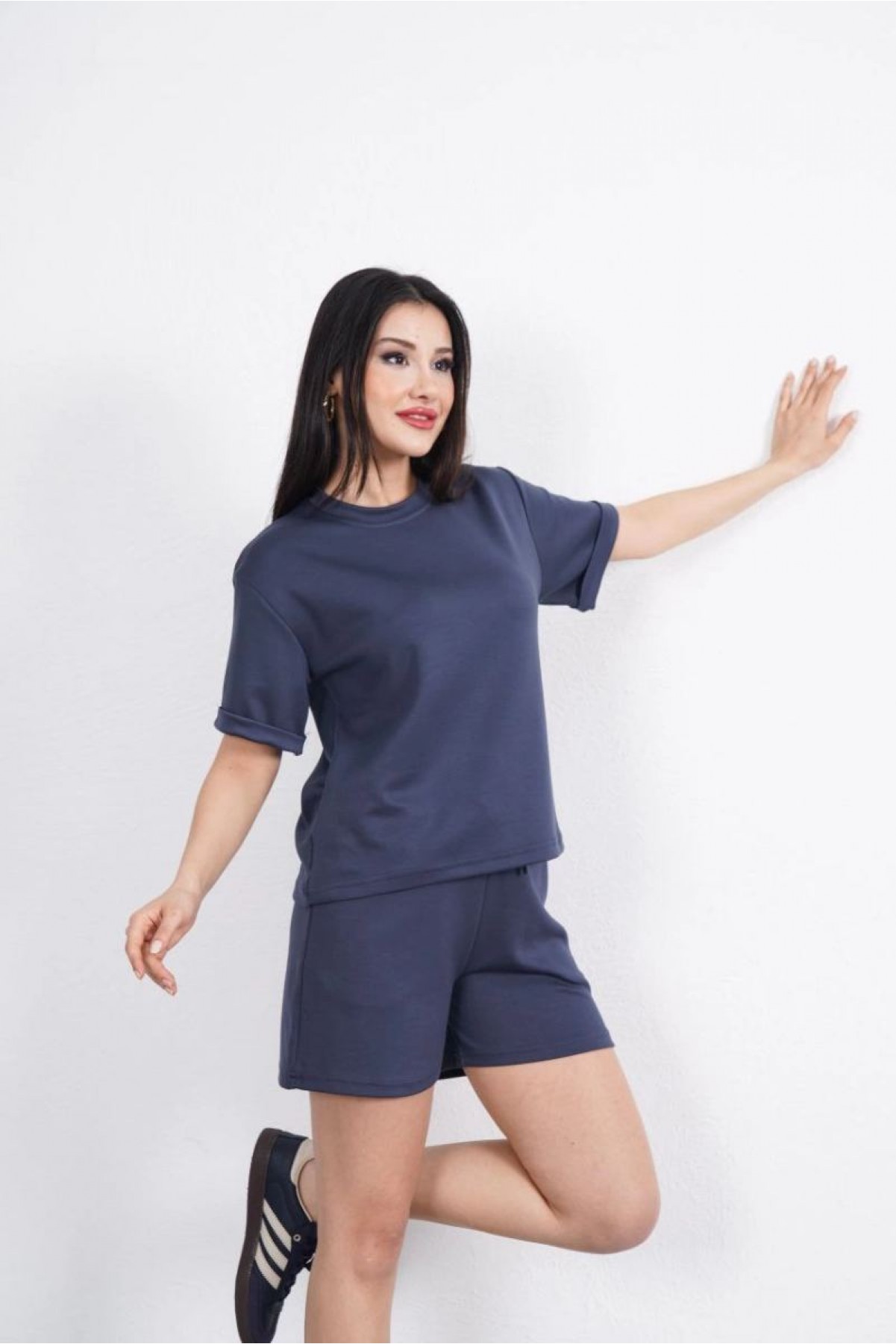Osy Modal yumuşak dokulu Kumaş Kadın Bisiklet Yaka T-shirt Kısa Şort İkili Takım - Antrasit