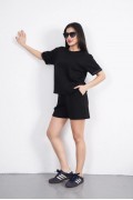 Osy Modal yumuşak dokulu Kumaş Kadın Bisiklet Yaka T-shirt Kısa Şort İkili Takım - Siyah