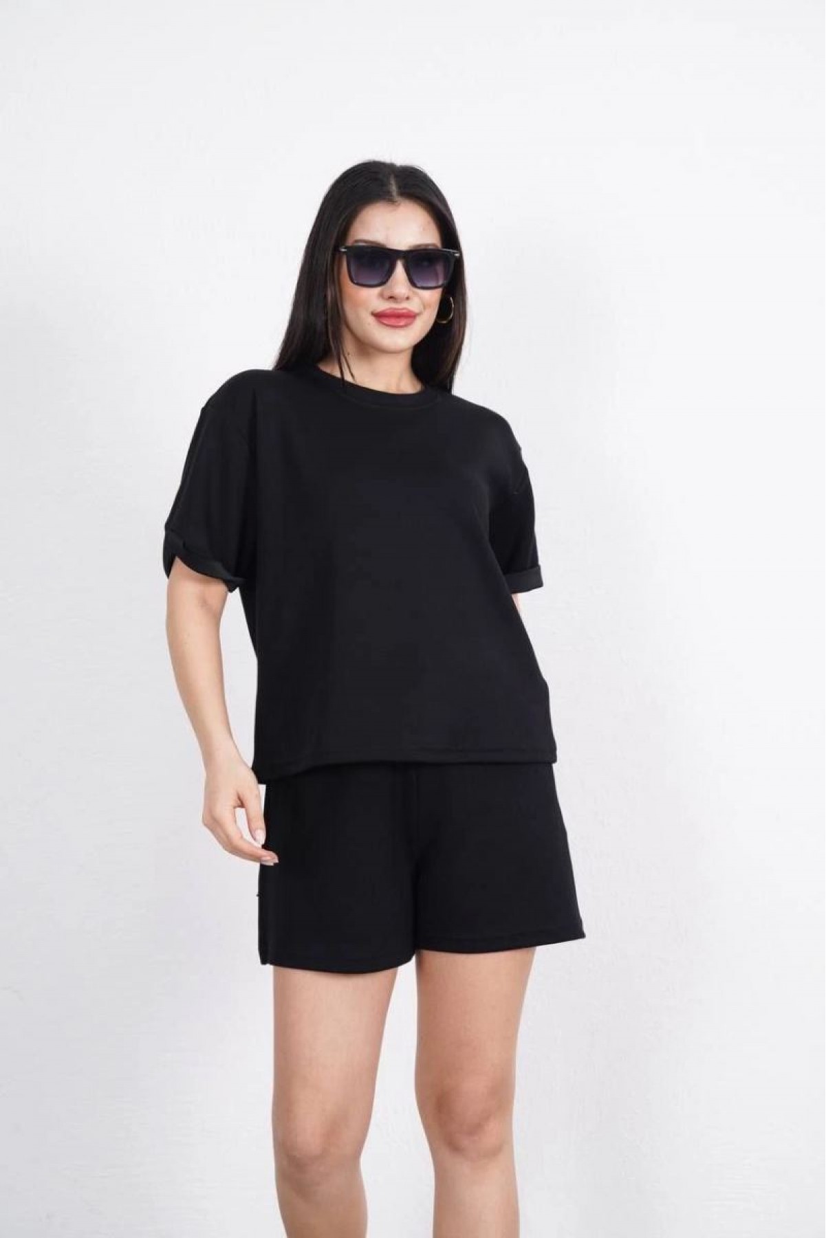 Osy Modal yumuşak dokulu Kumaş Kadın Bisiklet Yaka T-shirt Kısa Şort İkili Takım - Siyah