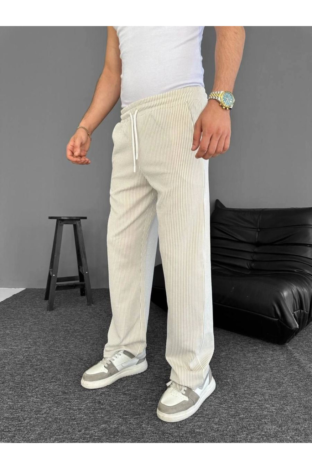 Erkek Su Yolu Çizgili Cepli Pantalon  - Bej