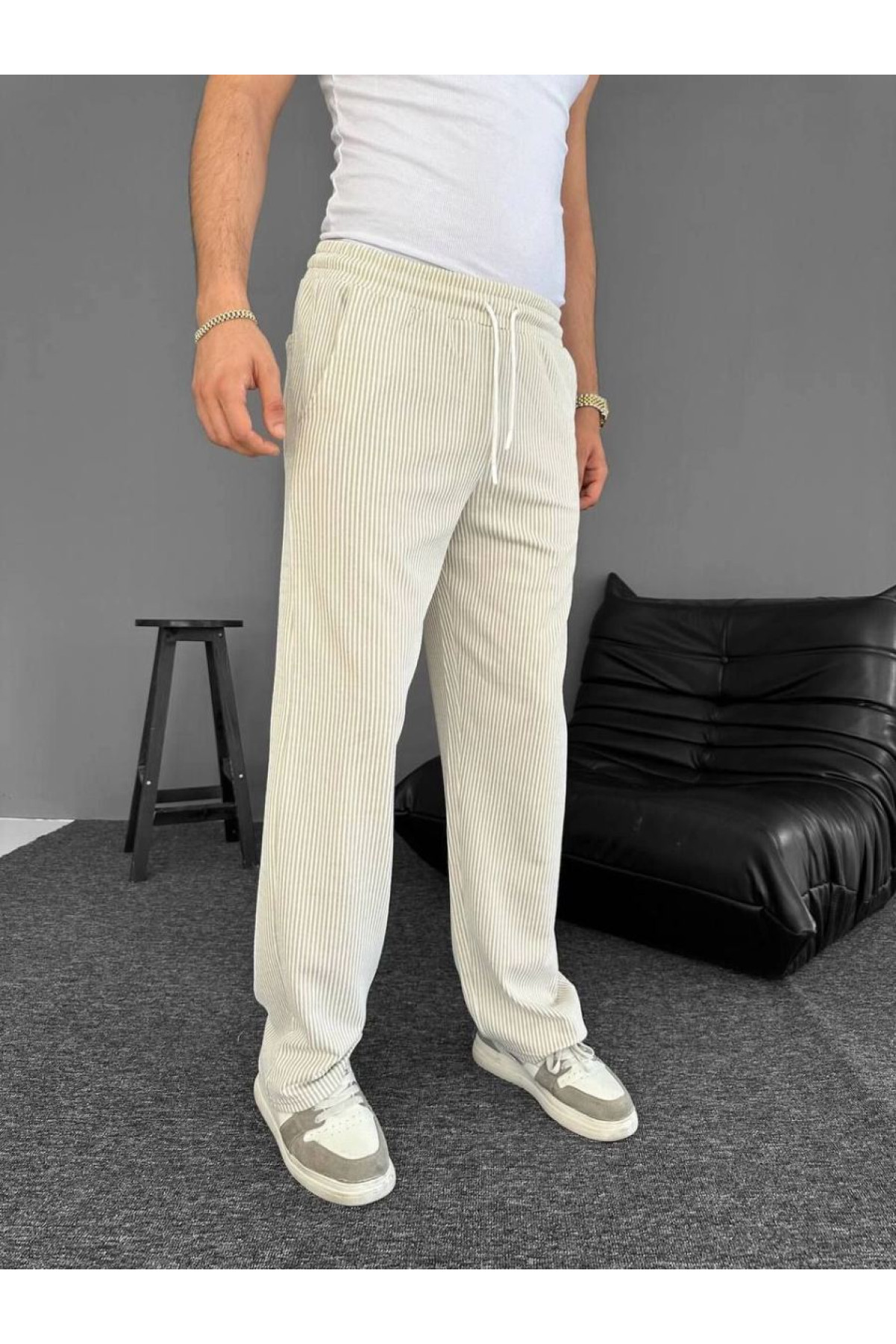Erkek Su Yolu Çizgili Cepli Pantalon  - Bej