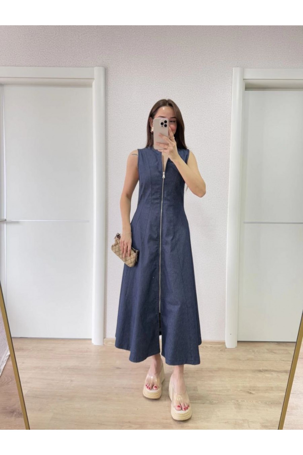 Kadın Jeans Kot Önü Tam Fermuarlı  Uzun Elbise - Mavi
