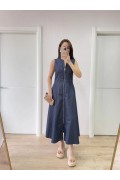 Kadın Jeans Kot Önü Tam Fermuarlı  Uzun Elbise - Mavi