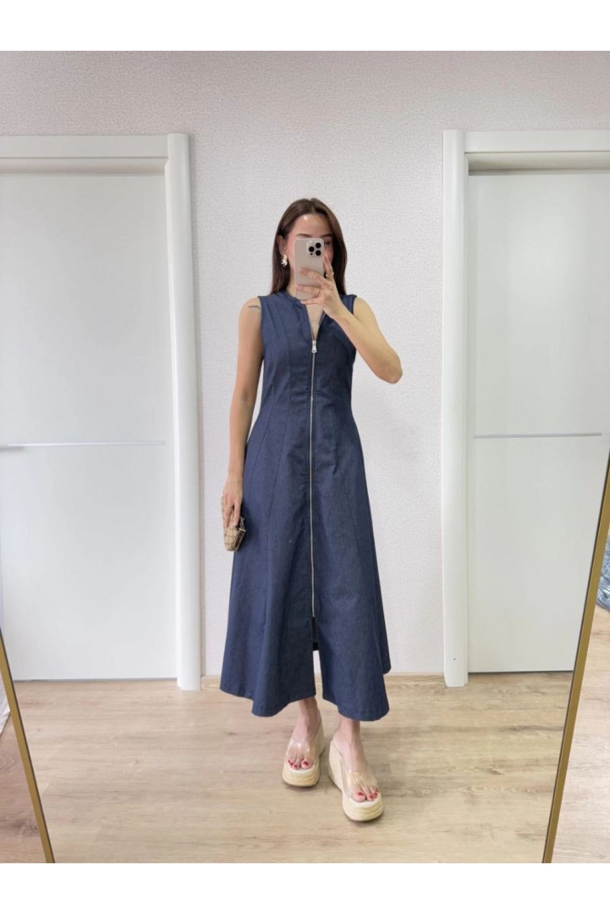 Kadın Jeans Kot Önü Tam Fermuarlı  Uzun Elbise - Mavi