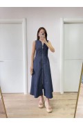 Kadın Jeans Kot Önü Tam Fermuarlı  Uzun Elbise - Mavi