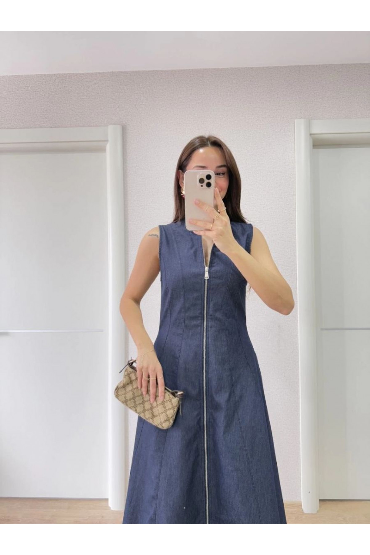 Kadın Jeans Kot Önü Tam Fermuarlı  Uzun Elbise - Mavi