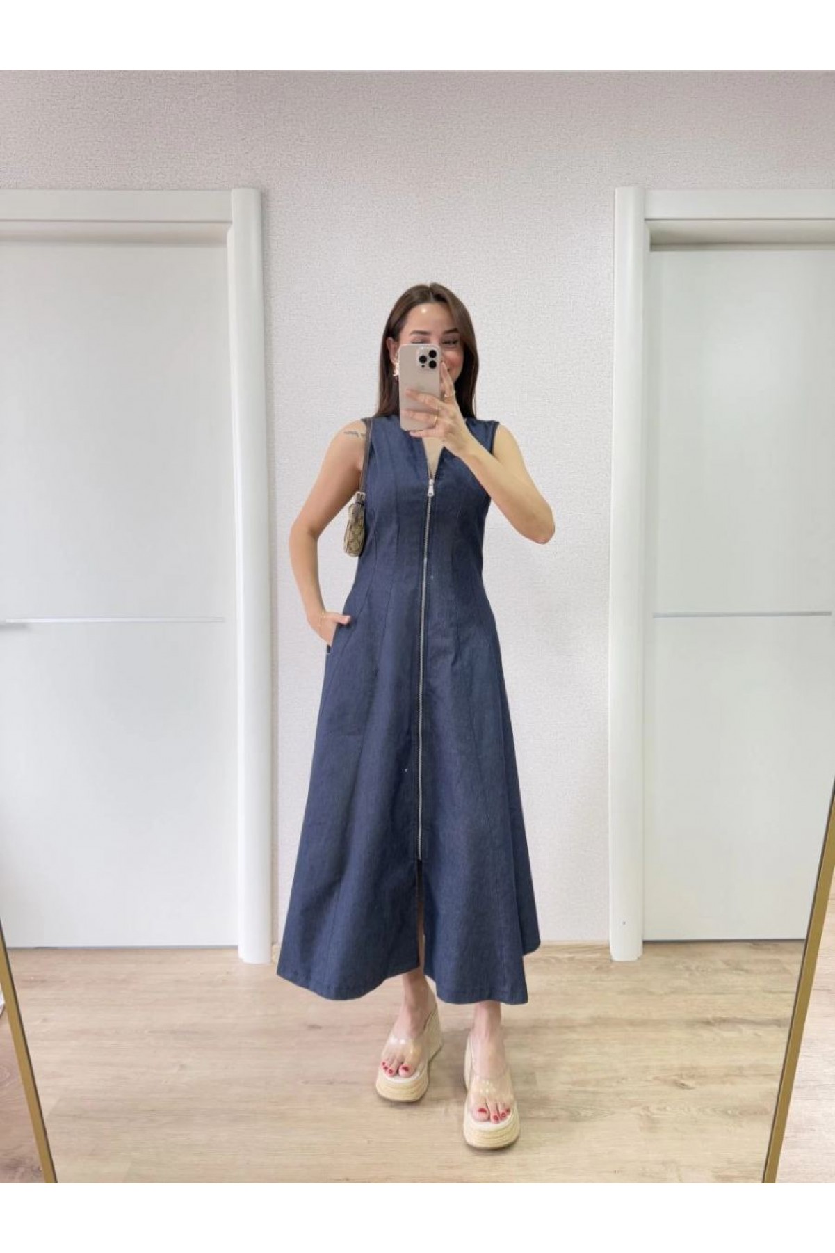 Kadın Jeans Kot Önü Tam Fermuarlı  Uzun Elbise - Mavi