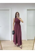 Kadın Kolsuz Göğüs Lastıklı %100 Poplin Uzun Elbise - Bordo