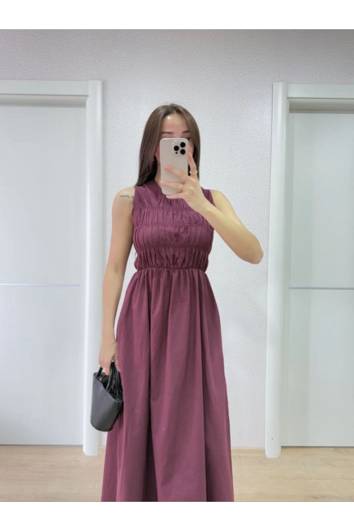 Kadın Kolsuz Göğüs Lastıklı %100 Poplin Uzun Elbise - Bordo