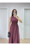 Kadın Kolsuz Göğüs Lastıklı %100 Poplin Uzun Elbise - Bordo