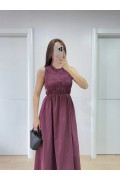Kadın Kolsuz Göğüs Lastıklı %100 Poplin Uzun Elbise - Bordo