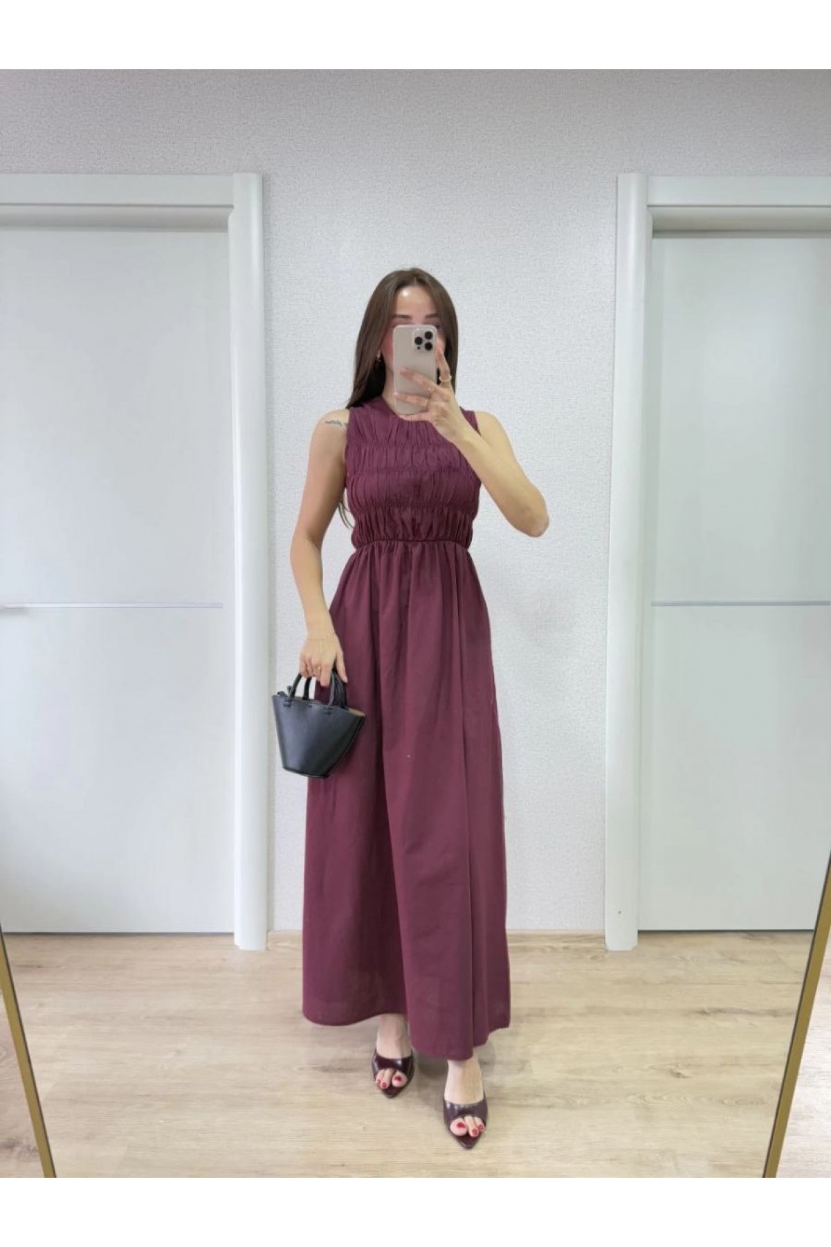Kadın Kolsuz Göğüs Lastıklı %100 Poplin Uzun Elbise - Bordo