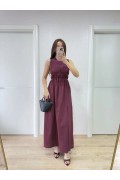Kadın Kolsuz Göğüs Lastıklı %100 Poplin Uzun Elbise - Bordo
