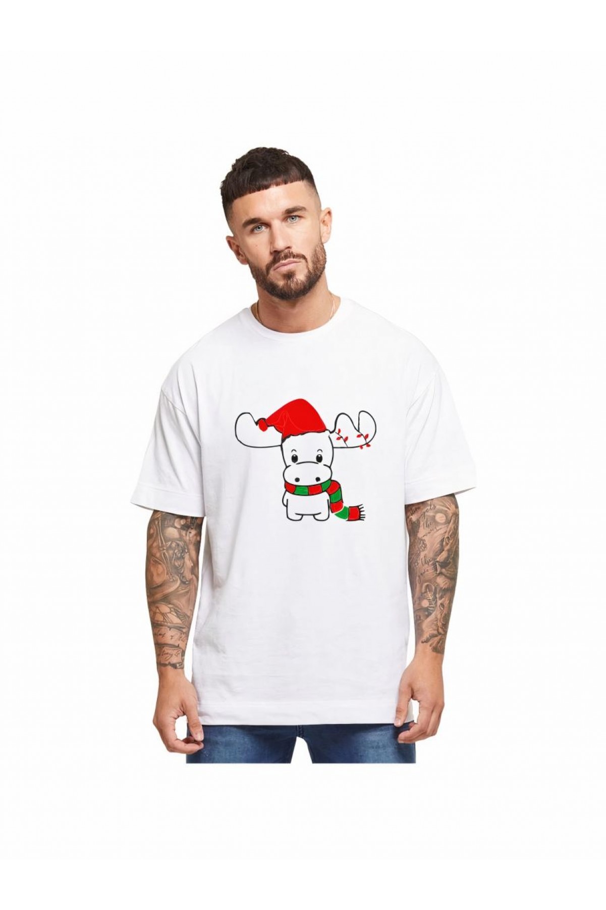 Yılbaşı Tişört Ren Geyiği baskılı Noel İçin T-shirt - Beyaz