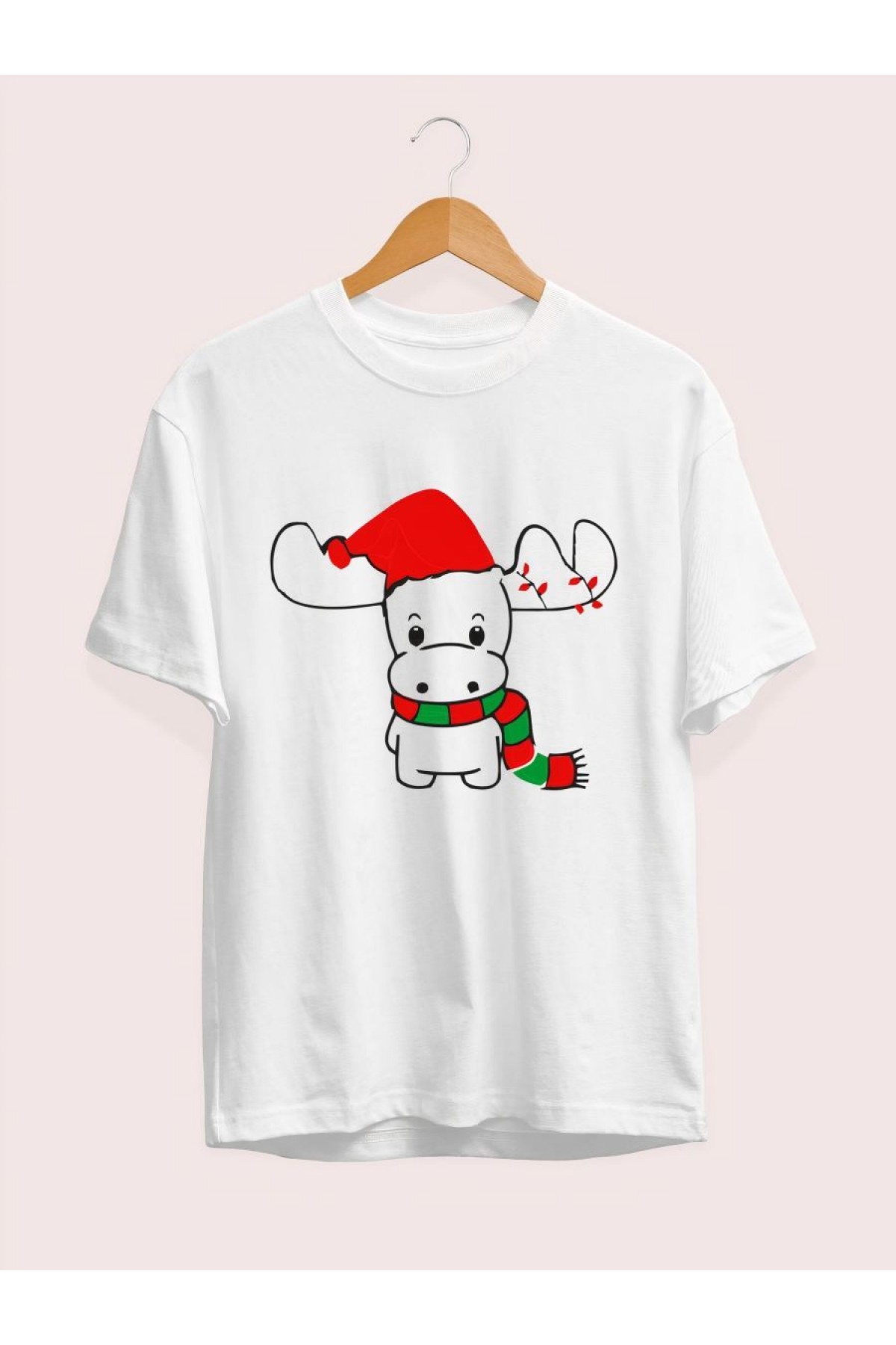 Yılbaşı Tişört Ren Geyiği baskılı Noel İçin T-shirt - Beyaz