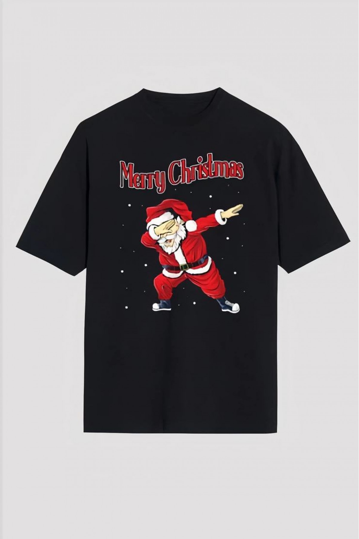 Yılbaşı Tişört Merry Christmas Baskılı Noel Babalı T-shirt - Siyah
