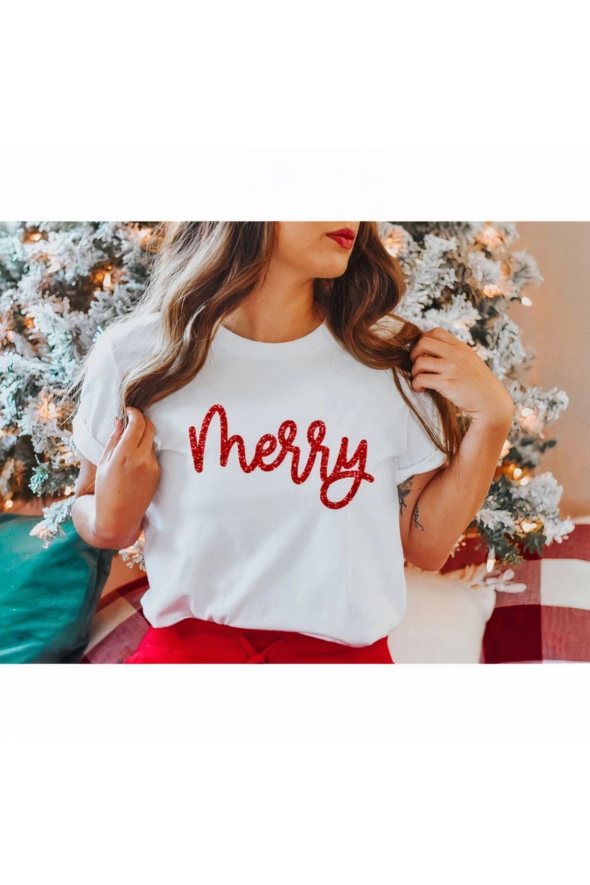 Yılbaşı Tişörr Merry Baskılı Kısa kol T-shirt - Beyaz