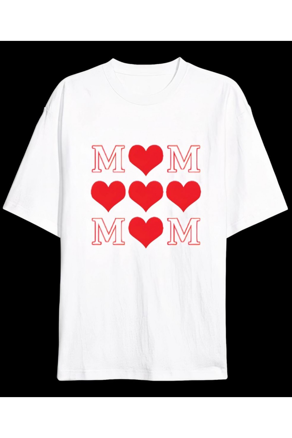 Anneler Gününe Özel Tasarım MOM Kalp Baskılı T-shirt - Beyaz