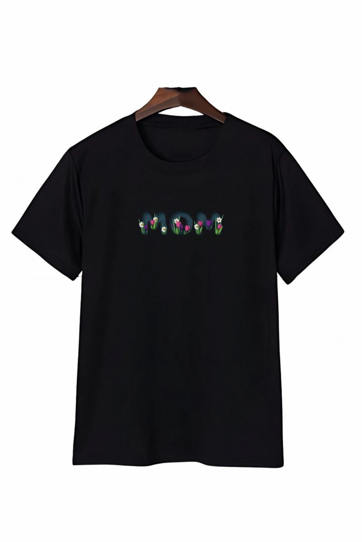 Anneler Gününe Özel Tasarım mom Çiçek Baskılı T-shirt - Siyah