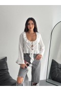 Kadın Keten Uzun Kol Bağacık Detaylı Bluz - Beyaz