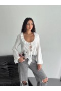 Kadın Keten Uzun Kol Bağacık Detaylı Bluz - Beyaz