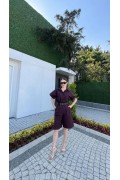 Kadın Yakalı Gömlek Kemerli Şortlu Alt-Üst Takım - Bordo