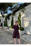 Kadın Yakalı Gömlek Kemerli Şortlu Alt-Üst Takım - Bordo