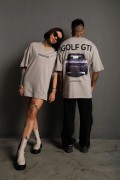 Erkek Oversize Tişört Golf GTI Retro Araba Baskılı T-shirt - Gri